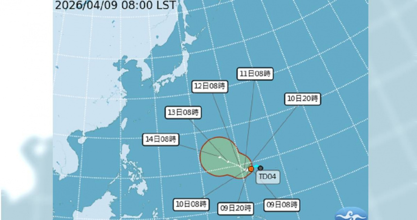 中太平洋上的熱帶性低氣壓TD04預計最快今晚增強為今年第4號颱風「辛樂克」。（圖／氣象署提供）