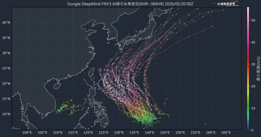 台灣颱風論壇提到，從最新Google FNV3 AI模式的系集預報來看，5月底前後的西北太平洋海域，將有一陣熱帶系統活躍期。（圖／翻攝台灣颱風論壇｜天氣特急臉書）