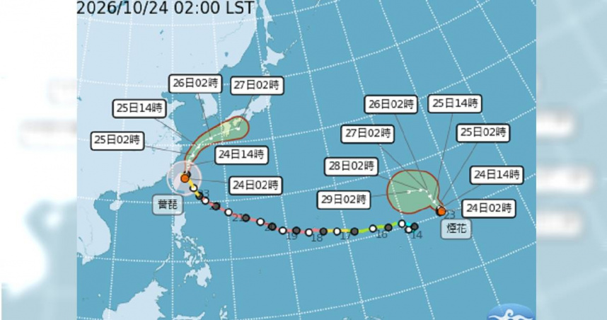 中度颱風薔琵持續在宜蘭外海打轉，受到長時間滯留影響，颱風結構遭到大幅破壞，強度持續減弱，暴風圈也進一步縮小。（圖／中央氣象署提供）