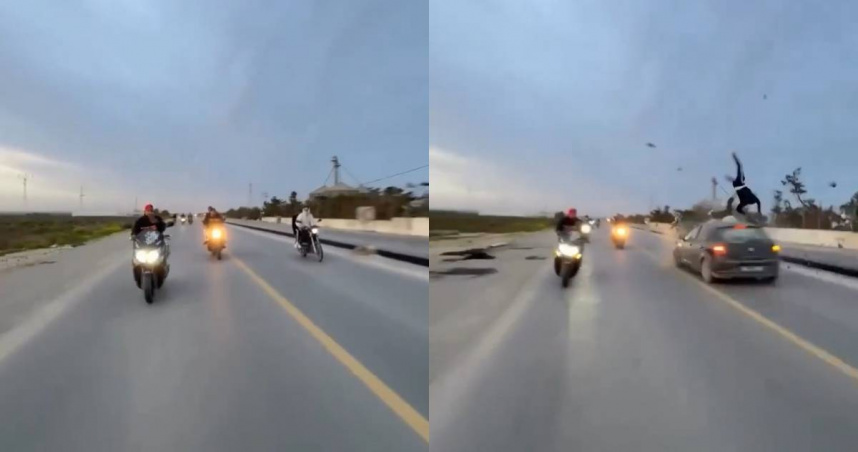 非洲國家突尼西亞一群年輕人，相約到路上飆車，其中一台雙貼機車卻逆向行駛，遭到汽車高速撞擊，釀成1死1重傷。（圖／X／@Dios_0ficial）