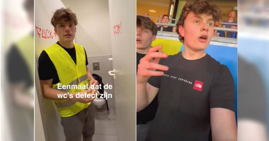 2名比利時網紅喬裝藏身廁所長達27小時，後來潛入比賽現場免費觀看歐洲冠軍聯賽。（圖／翻攝自TikTok／neal_senne）