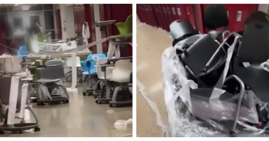 美南河高中學生失控畢業整人，教室走廊被翻亂，校方緊急宣布停課。（圖／翻攝自WABC）