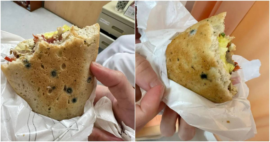 一名網友控訴，他透過外送平台在某知名連鎖咖啡店訂購餐點，怎料吃了一半，卻驚見佛卡夏上布滿大量「黑綠色斑點」，質疑麵包已經發霉。（圖／翻攝自Dcard）