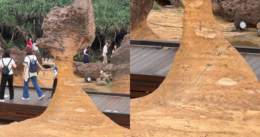 野柳女王頭後頸的裂痕引發民眾憂心是否快斷頭。（圖／Threads／@kuminnietaku80）