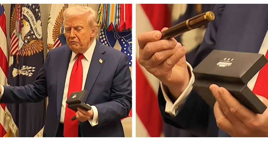 李在明於白宮簽名時使用國產手工鋼筆，川普當場開口索要，場面引發熱議。（圖／翻攝自Arirang News，下同）