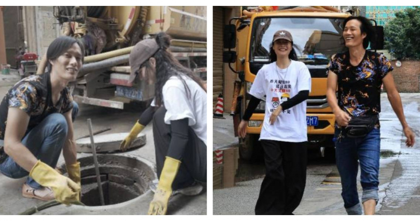 文靜與父親鋒哥在35度高溫下開心工作，井蓋邊笑聲不斷。（圖／翻攝自南方都市報）