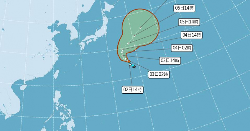熱帶性低氣壓TD05今天（2日）下午中心位置在北緯25.5度，東經146.8度。（圖／氣象署）