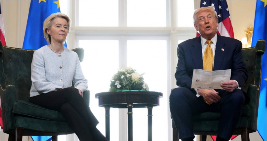 川普（右）和歐盟達成貿易協議。（圖／達志／美聯社）