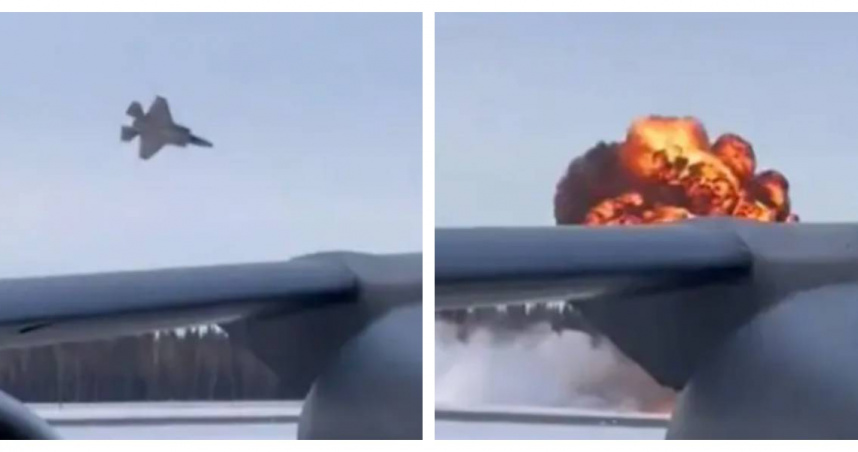 美國空軍F-35戰機在阿拉斯加因液壓故障墜毀，現場火光沖天。（圖／翻攝自X，@nypost）