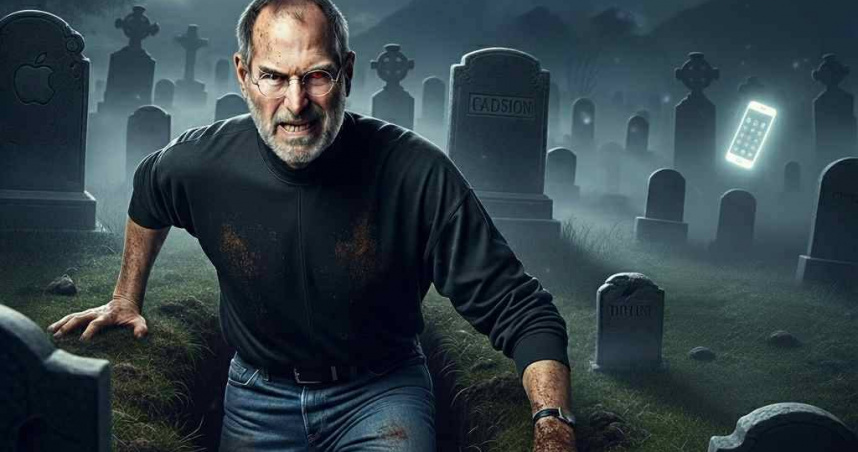 面對iPhone 17的設計，網路社群戲稱「醜到賈伯斯都要從墳墓爬出來」。（AI製圖／Joey Lu提供）