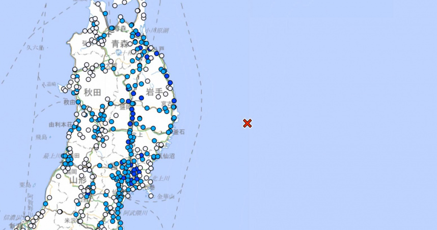 日本東北地區三陸近海發生規模6.7強震，氣象廳發布海嘯注意報，提醒民眾提高警覺。（圖／翻攝自日本氣象廳）