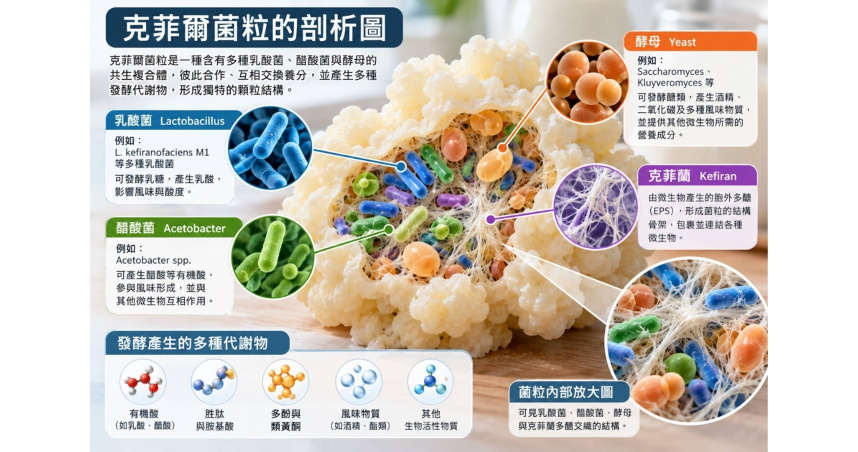 克菲爾菌粒由許多微生物及活性物質、胞外多醣等組成。（AI示意圖）