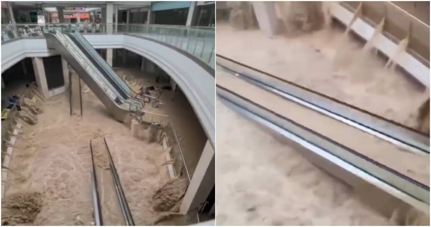 猛烈暴雨狂轟大陸貴州省，榕江縣最大商場「常馳廣場」遭大水吞噬，就連手扶梯也被淹成驚險刺激的滑水道，整座商場瞬間化身水上樂園。（圖／擷取自微博）