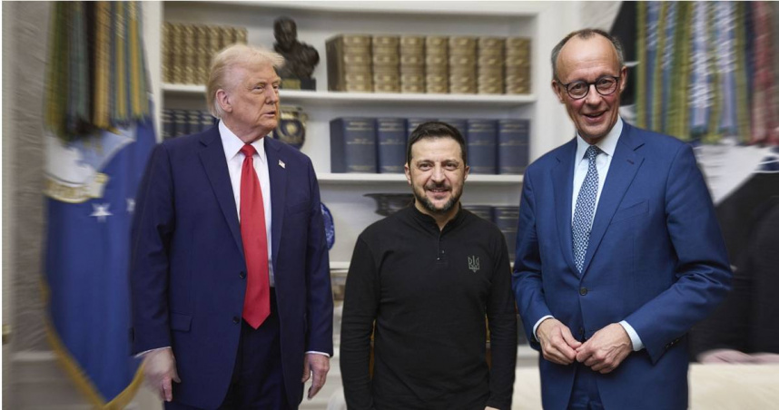 美國總統川普與歐洲領袖在白宮會晤。由左至右為川普、澤倫斯基、梅爾茨。（圖／達志／美聯社）