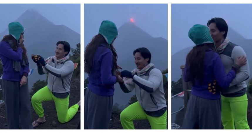 美國男子賈斯汀李在瓜地馬拉阿卡特南戈火山山頂向女友摩根求婚，背後的富埃戈火山正好爆發。（圖／擷取自IG，missmorganalexa）