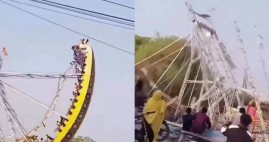 印度一處嘉年華活動的遊樂設施突然崩塌，造成14名孩童受傷緊急送醫治療。（圖／翻攝自X／TheUncutReality）