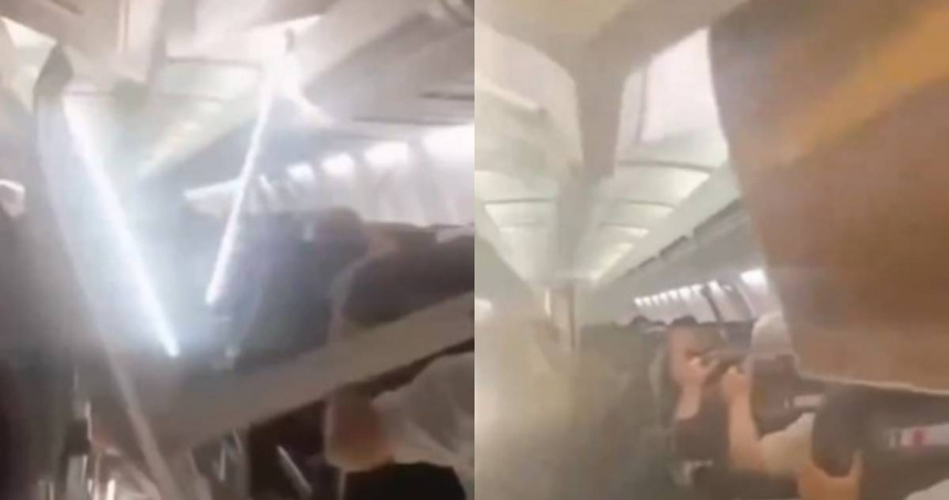 伊朗塞佩蘭航空一架波音737客機疑起飛後爆胎，緊急折返途中機艙天花板突崩落，所有乘客嚇壞。（圖／翻攝X）