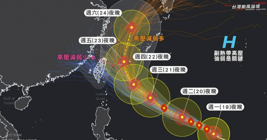 強颱薔琵朝台灣逼近，週五（23日）至週六（24日）是影響台灣的關鍵時段。（圖／翻攝臉書／台灣颱風論壇）