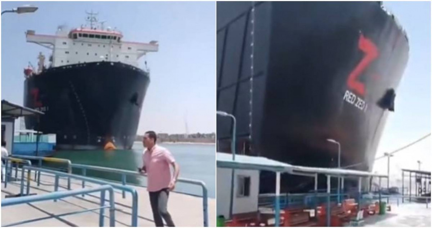 埃及蘇伊士運河發生一起意外事故，北非國家利比亞一艘大型貨輪本月20日行駛至當地時，突失控撞上港口，嚇得碼頭工人四處逃竄，所幸並未傳出傷亡。（圖／擷取自X）