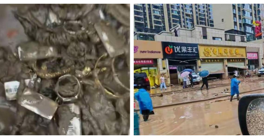 陝西吳起縣金店遭洪水沖毀，店內貨櫃與金銀首飾全數流失，警方已在現場拉起警戒線並進行搜查。（圖／極目新聞，下同）