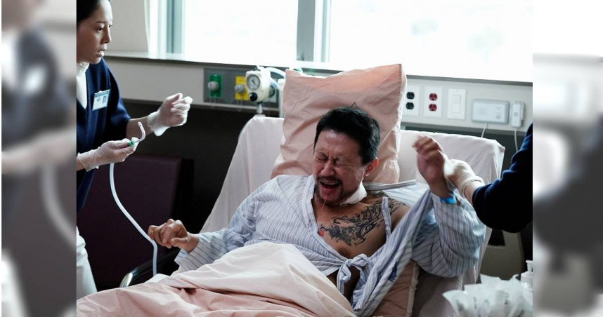 徐灝翔以大愛戲劇《生日快樂》入圍第60屆金鐘獎戲劇節目男配角獎，詮釋罹患頭頸癌末期病人「正福」。（圖／大愛電視台提供）