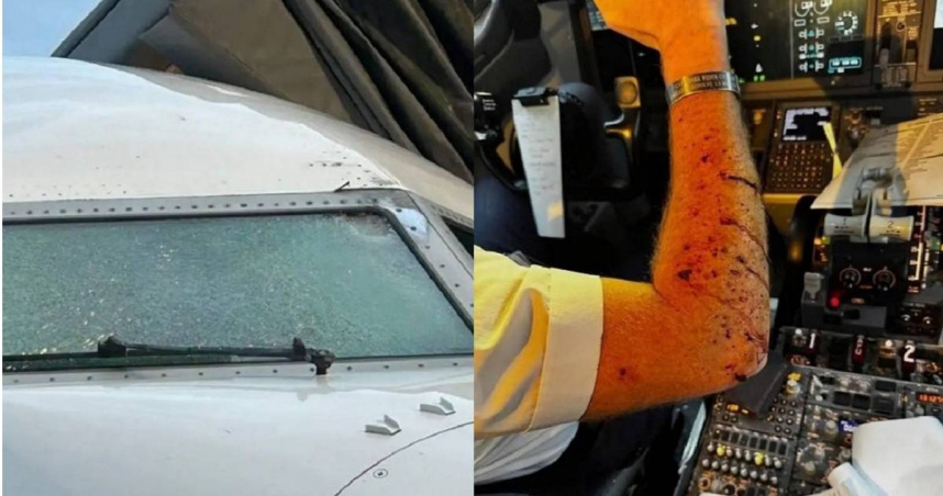 美國聯合航空一架客機飛行途中疑似遭不明物撞上，駕駛艙擋風玻璃瞬間碎裂，機師一隻手受傷全是血，該航班緊急轉降附近的機場。（圖／翻攝自X／Breaking Aviation News & Videos）