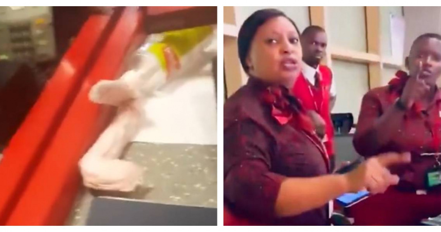 奈及利亞女子被拒絕登機後大鬧櫃檯，甚至朝地勤人員（右）丟沾血的衛生棉。（圖／翻攝自X）