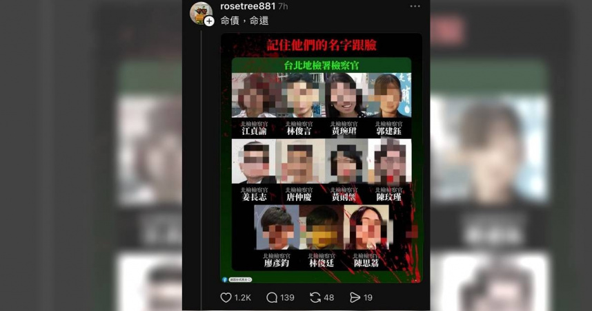 臉書粉專迷因台式民主製作公佈11位偵辦柯案檢察官，並在一旁加上血痕，3日下午到案說明。（圖／翻攝是迷因台式民主粉專）