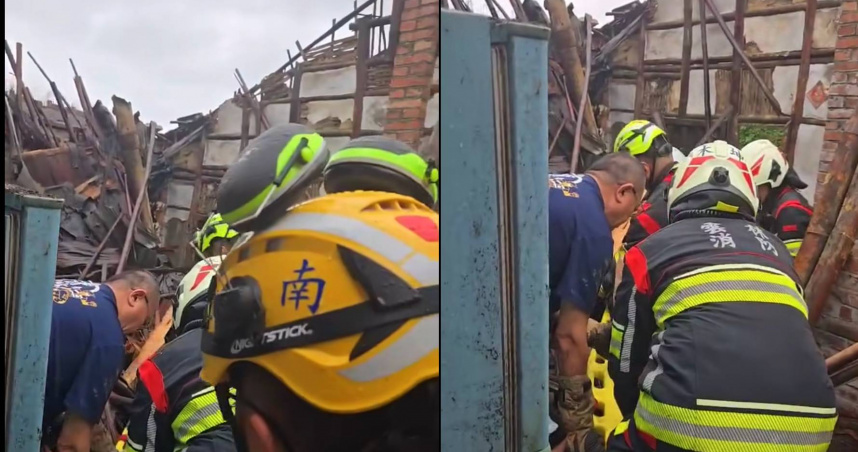 雲林斗南暴雨中民宅倒塌僅剩斷垣殘壁，搜救人員在瓦礫堆中救出受傷婦人，現場滿目瘡痍。（圖／翻攝畫面）