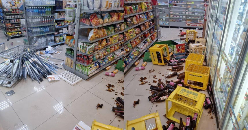 台中大雅區超商遭女子情緒失控砸毀，現場食品、酒瓶掉落滿地一片狼藉。（圖／翻攝畫面）