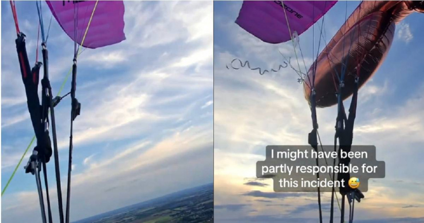 國外一名27歲男子麥可（Michael）在高空使用滑翔傘時，有一顆氣球纏住他的裝備，所幸他冷靜下來，平安降落地面。（圖／翻攝自TikTok／thenullhypothesis）