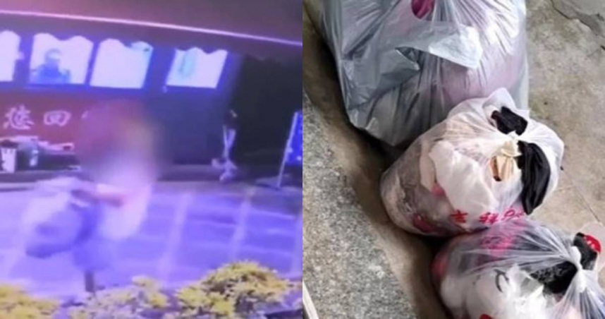 因妻子繳不出「居住費」，丈夫連夜將對方的衣物打包丟到店鋪，不讓妻子回家住。（圖／翻攝自微博／第一幫幫團）