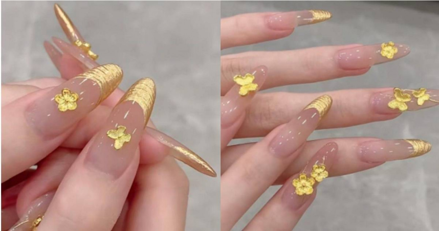 大陸有女子在春節期間以20克足金（含金量不低於99％的黃金）訂製了所謂的「穿戴式美甲」。（合成圖／翻攝自中華網）