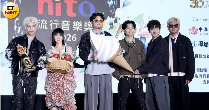 派偉俊（左起）、白安、冰球樂團出席hito流行音樂獎啟動記者會。（圖／侯世駿攝）