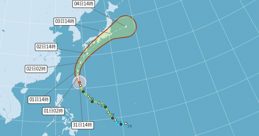 薔蜜今天上午8時增強為中度颱風，中心位於鵝鑾鼻東方750公里之海面上。（圖／氣象署）