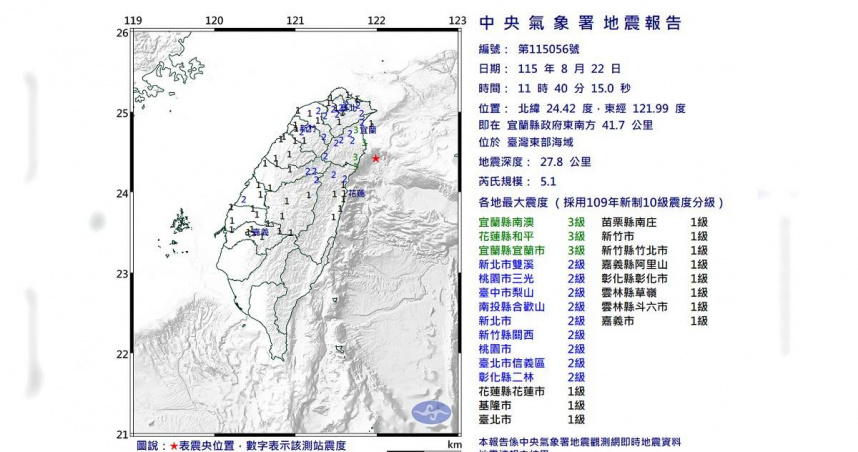 台灣東部海域今（22日）上午11時40分發生芮氏規模5.1地震。（圖／氣象署）
