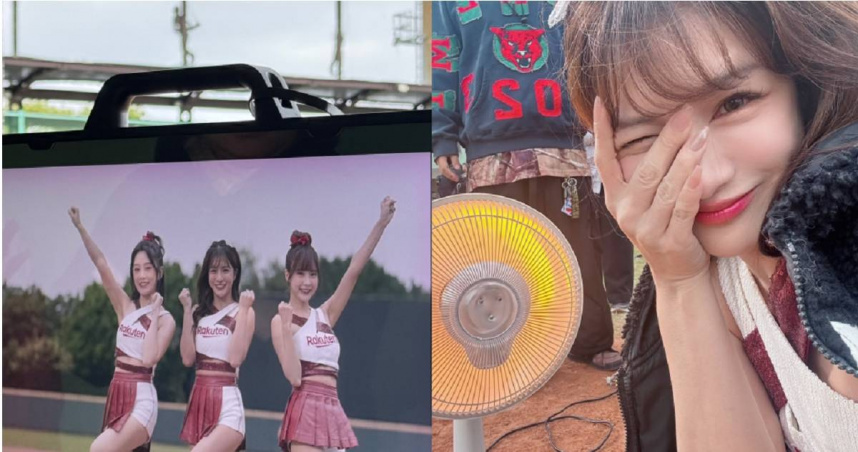 岱縈、孟潔、若潼12度低溫拍攝手遊廣告，岱縈蹲在電暖扇前取暖。（圖／樂天桃猿提供）