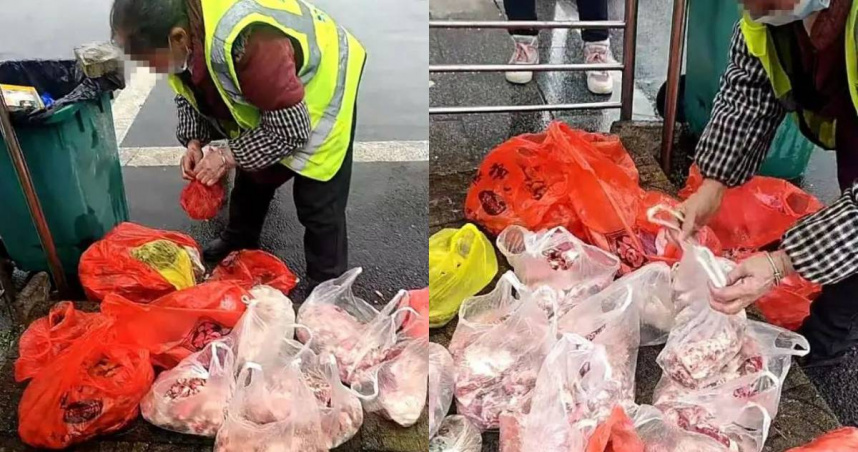 大陸近日有網友在西南某地一處高速服務區拍攝影片稱，有人在垃圾桶旁發現很多被丟棄的年貨。（圖／翻攝自微博）