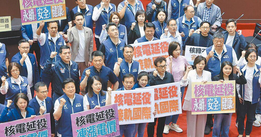 立法院13日院會三讀通過「核子反應器設施管制法」修正案，國民黨立委舉出標語並高喊「核電延役，凍漲電價」。（圖／中國時報姚志平攝）