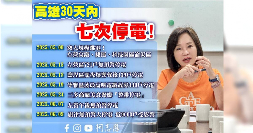 國民黨立委柯志恩今（9）日批評，現在還未進入用電高峰的炎夏，高雄卻已在30天內停了7次電。（圖／取自柯志恩臉書）