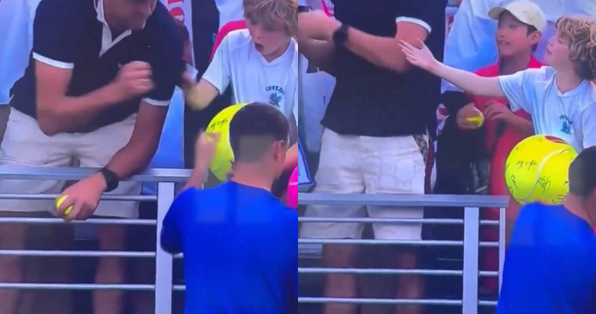 一名波蘭企業家在場邊被拍到，從一名小男孩手中奪走網球明星卡米爾邁赫扎克（Kamil Majchrzak）簽名的帽子。（圖／翻攝自X／@CollinRugg）