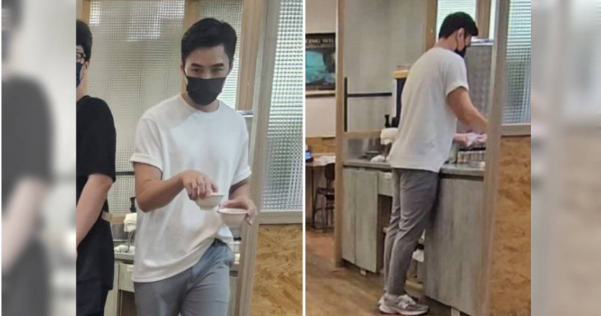 下午約5點，是元介現身東區港式烤鴨餐廳，起身時全程戴口罩，非常低1調，老婆在忙著處理公事，是元介體貼幫忙裝湯。（圖／讀者提供）