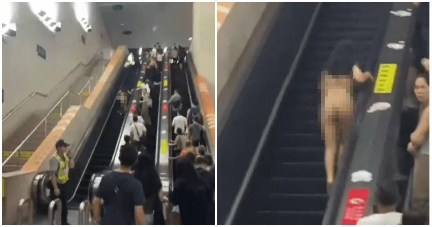 10月5日晚上，一名女子不知為何全身赤裸的在澳門關閘廣場電扶梯上狂奔。荒唐一幕被路人拍下。（圖／翻攝香港LIHKG連登討論區）
