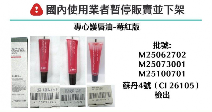 綠藤生機「專心護唇油－莓紅版」及其原料，目前由國家實驗室進行複測中。（圖／食藥署提供）