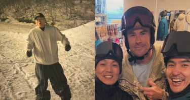 春風與阮經天在日本滑雪時巧遇好萊塢男星克里斯漢斯沃，三人同框合照引起討論。（圖／翻攝自春風IG）