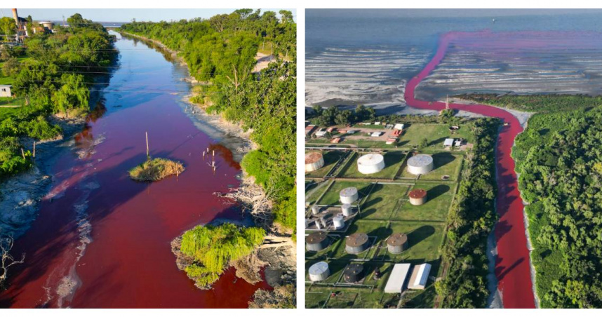 布宜諾斯艾利斯郊區的河水變成詭異的血紅色。（圖／翻攝自X）