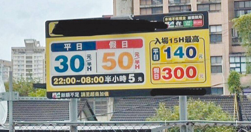 新北市議員顏蔚慈指出，三蘆居民必須面對昂貴的停車費，以私有停車場為例，三蘆假日臨時停車每小時高達100元，還無上限，比台北市信義區1小時80元還貴。（圖／顏蔚慈提供／中國時報高鈞麟新北傳真）