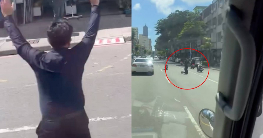 高雄男子9日在三多路快車道中央下跪，造成交通受阻。（圖／翻攝自爆料公社）