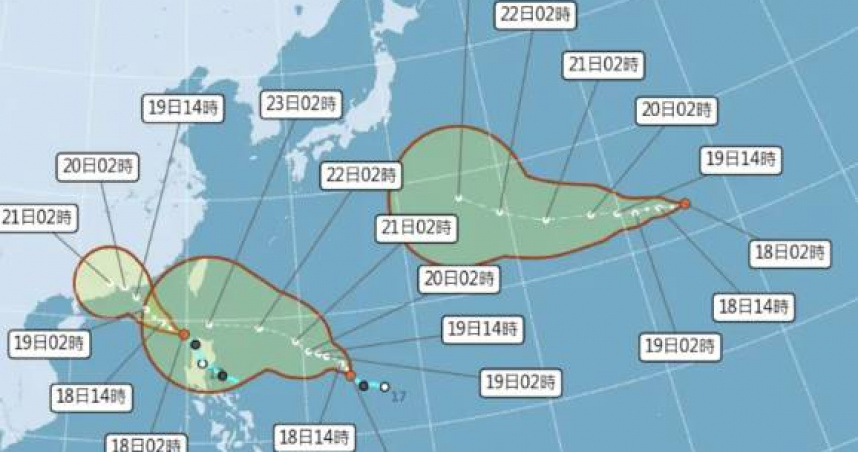 颱風「米塔、樺加沙、浣熊」發展中，確定第17號颱風米塔於18日下午生成，外圍環流已開始影響台灣天氣。（圖／翻攝自中央氣象署）