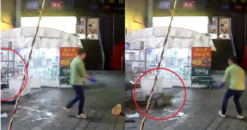 大陸貴州貴陽一名男子因餵食流浪貓，竟奇蹟躲過從天而降的花盆。（圖／翻攝自微博／極目新聞）